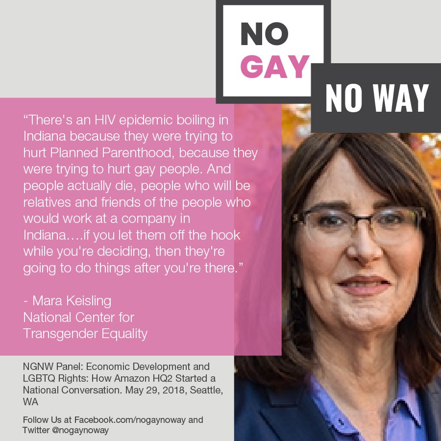 NoGayNoWay's tweet photo. DYK that states like Indiana have suffered actual harm from the so-called "Religious Freedom" bill that was eventually pulled? @MaraKeisling spelled it out at the NGNW Panel in order to remind @amazon that #HQ2 decision cannot benefit these states that hurt LGBT citizens. https://t.co/JVlqHEABR1