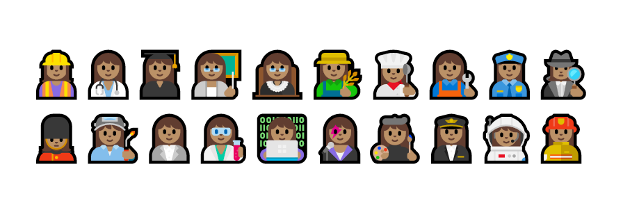 All the profession emoji: 👷🏽‍♀️👩🏽‍⚕️👩🏽‍🎓👩🏽‍🏫👩🏽‍⚖️👩🏽‍🌾👩🏽‍🍳👩🏽‍🔧👮🏽‍♀️🕵🏽‍♀️💂🏽‍♀️👩🏽‍🏭👩🏽‍💼👩🏽‍🔬👩🏽‍💻👩🏽‍🎤👩🏽‍🎨👩🏽‍✈️👩🏽‍🚀👩🏽‍🚒