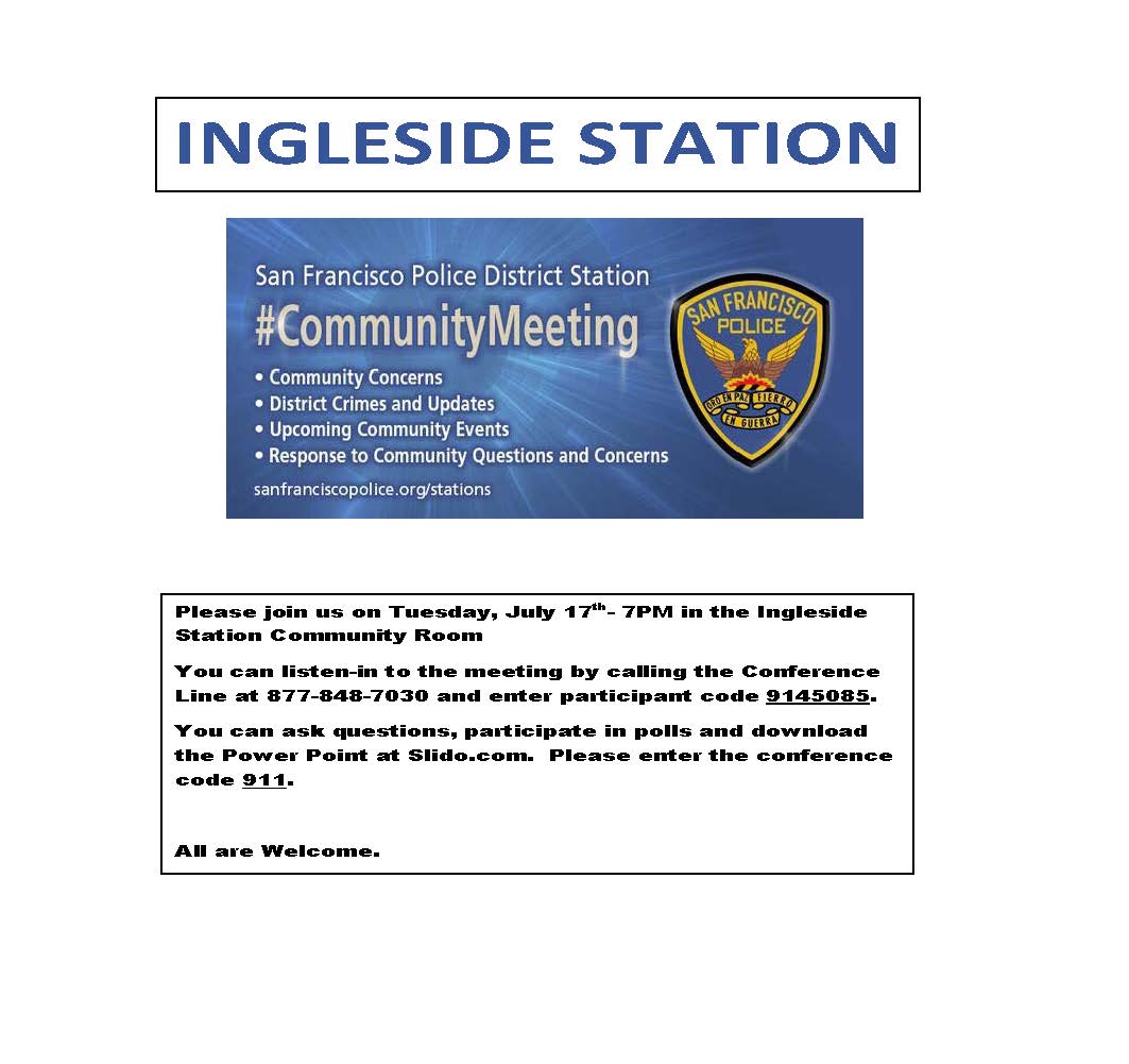 Tonight <a href="/SFPDIngleside/">SFPDInglesideStation</a> not to be missed Captain Hart's community mtg! <a href="/BernalBiz/">Bernal Businesses</a> @BernalNeighCtr <a href="/Bernalwood/">Bernalwood</a> <a href="/nmtiasf/">New Mission Terrace </a>  <a href="/StMarysPark/">St. Mary's Park</a> @IELightSF <a href="/ExcelsiorAG/">EAG</a> <a href="/SFSAFE/">San Francisco SAFE</a> <a href="/visvalley10/">Visitacion Valley Connections</a> <a href="/helpmclarenpark/">Help McLaren Park</a> <a href="/GlenParkNews/">Glen Park News</a> <a href="/Sunnyside_Assoc/">Sunnyside Neighborhood Association</a> <a href="/westwoodparksf/">westwood park</a> <a href="/MontereyBlvdSF/">Montereyblvdsf</a>