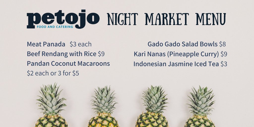 Excited to announce our Night Market Menu for <a href="/GoderichMakers/">Goderich Makers</a> Night Market and #BohoBazaarNightMarket by <a href="/PurdyNatural/">Purdy Natural</a> on Wednesday and Thursday nights respectively. We have vegan and gluten-free options for you! #petojofood