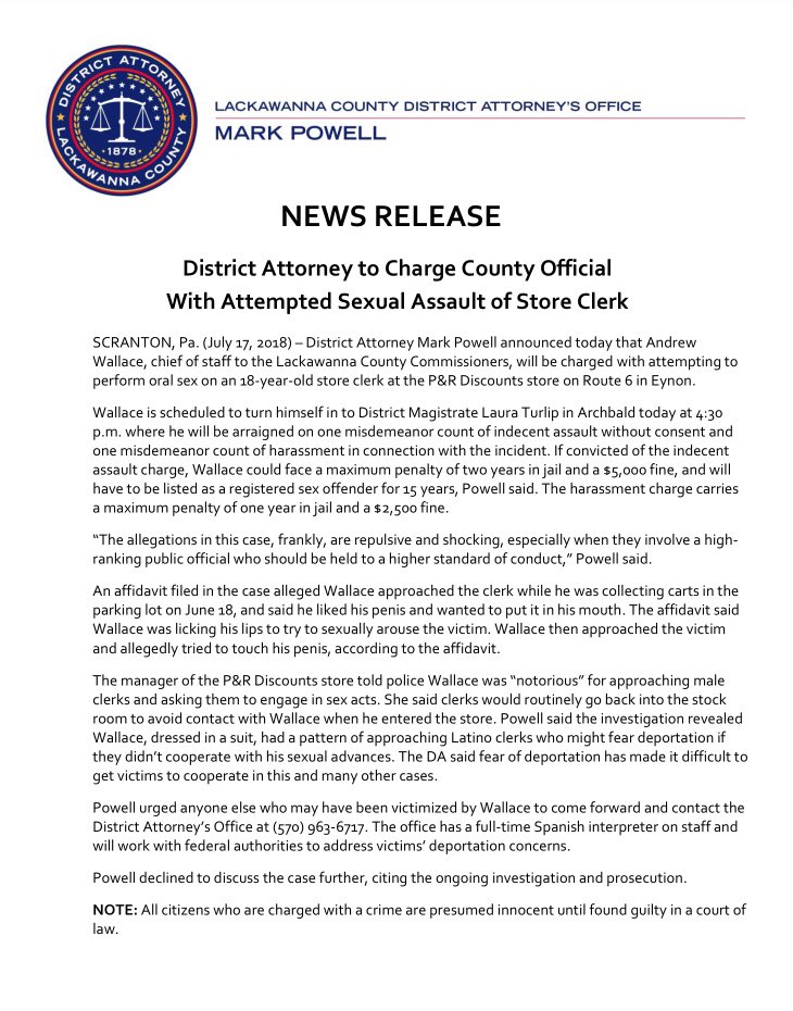ClaytonOver's tweet photo. BREAKING: #LackawannaCounty DA to charge former county chief-of-staff Andy Wallace with indecent assault and harassment. Wallace is accused of trying to perform oral sex on an 18-year-old clerk at P&R Discounts in Eynon section of #Archbald. https://t.co/K9OblYLrw4
