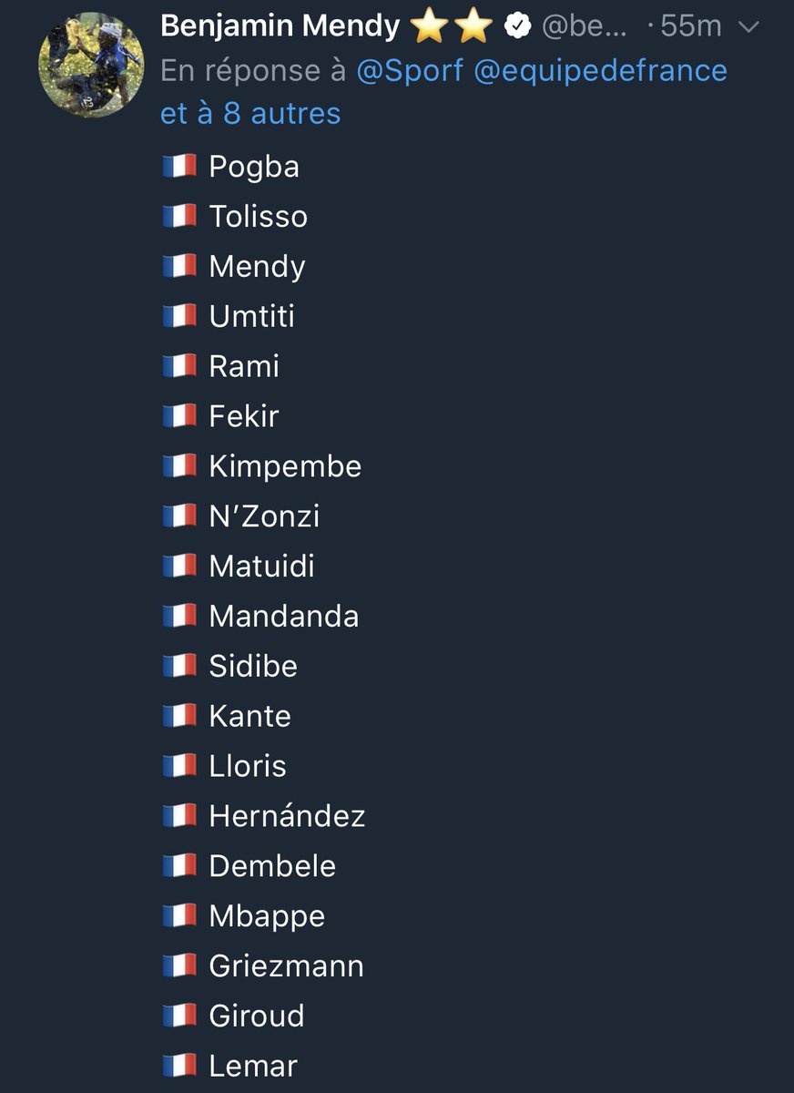 Merci Benjamin Mendy de remettre les gens à leur place. Merci de mettre fin à ces bêtises qui circulent sur l’équipe de France. 🇫🇷🥇🏆