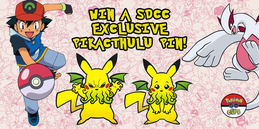 pinguino's tweet photo. #PGCLA Pokemon Contest! Share a screenshot of your favorite Pokemon you've gotten this month &amp; Saturday at midnight we'll pick two winners. Win an #SDCC exclusive pin from @arcanastudio Cthulu Crate. Use #pikacthulu to enter. Winners can pick up prizes at SDCC on Sun. https://t.co/YVdfLGcIgd