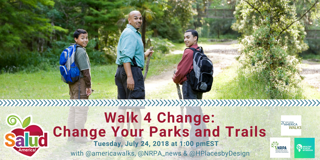 SaludAmerica's tweet photo. Walking connects you with action, as a physical activity and as a way to create change. https://t.co/l5vl4SGSJr
Join #SaludTues on 7/24 at 1pmEST w/ @americawalks @NRPA_news &amp; @HPlacesbyDesign. https://t.co/BkMBzbiTf5