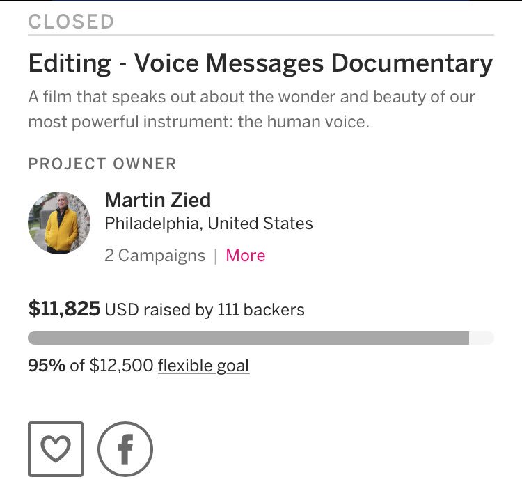 Campaign reached 95% funded with $11,825 raised. Thank you team! Can still donate @ voicemessagesdocumentary.com  $675 needed to be Fully Funded🎬
