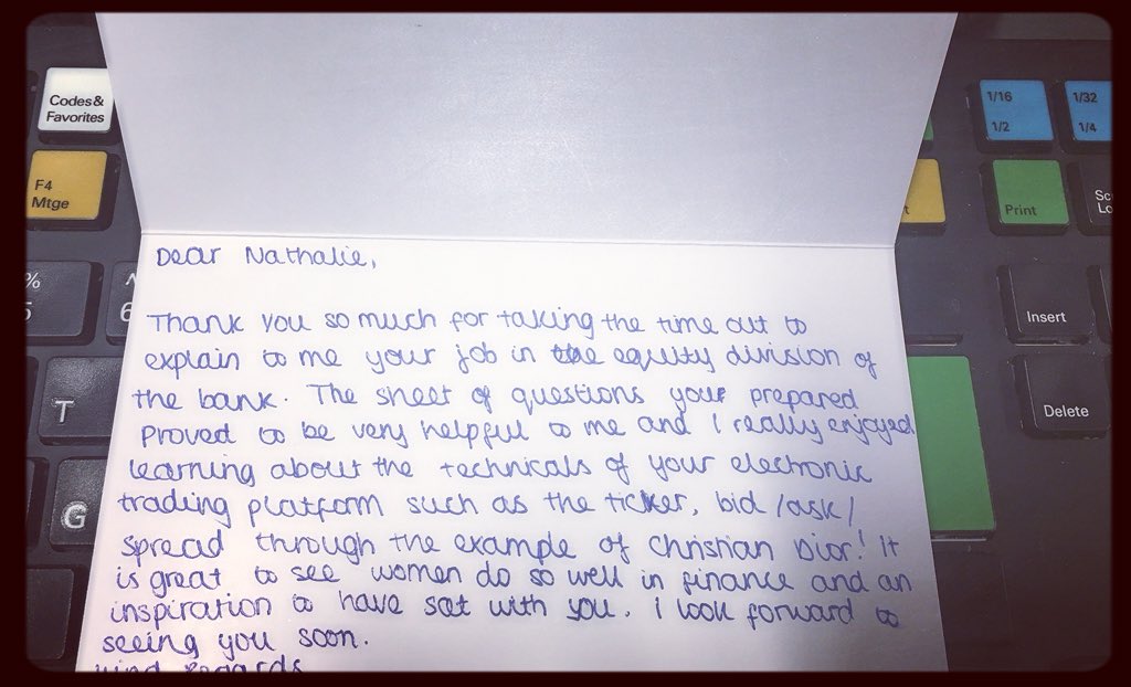 RuizSw18's tweet photo. How cute is this! 😍
Received this most amazing thank you card today from a teen who did work experience with me... 😍  That’s right... she called me “an inspiration for women” BOOM 💪🏽
#girlpower #womeninbanking #femaletrader #investinfuture #inspiration #creditsuisse #london https://t.co/HH1MokkxpQ