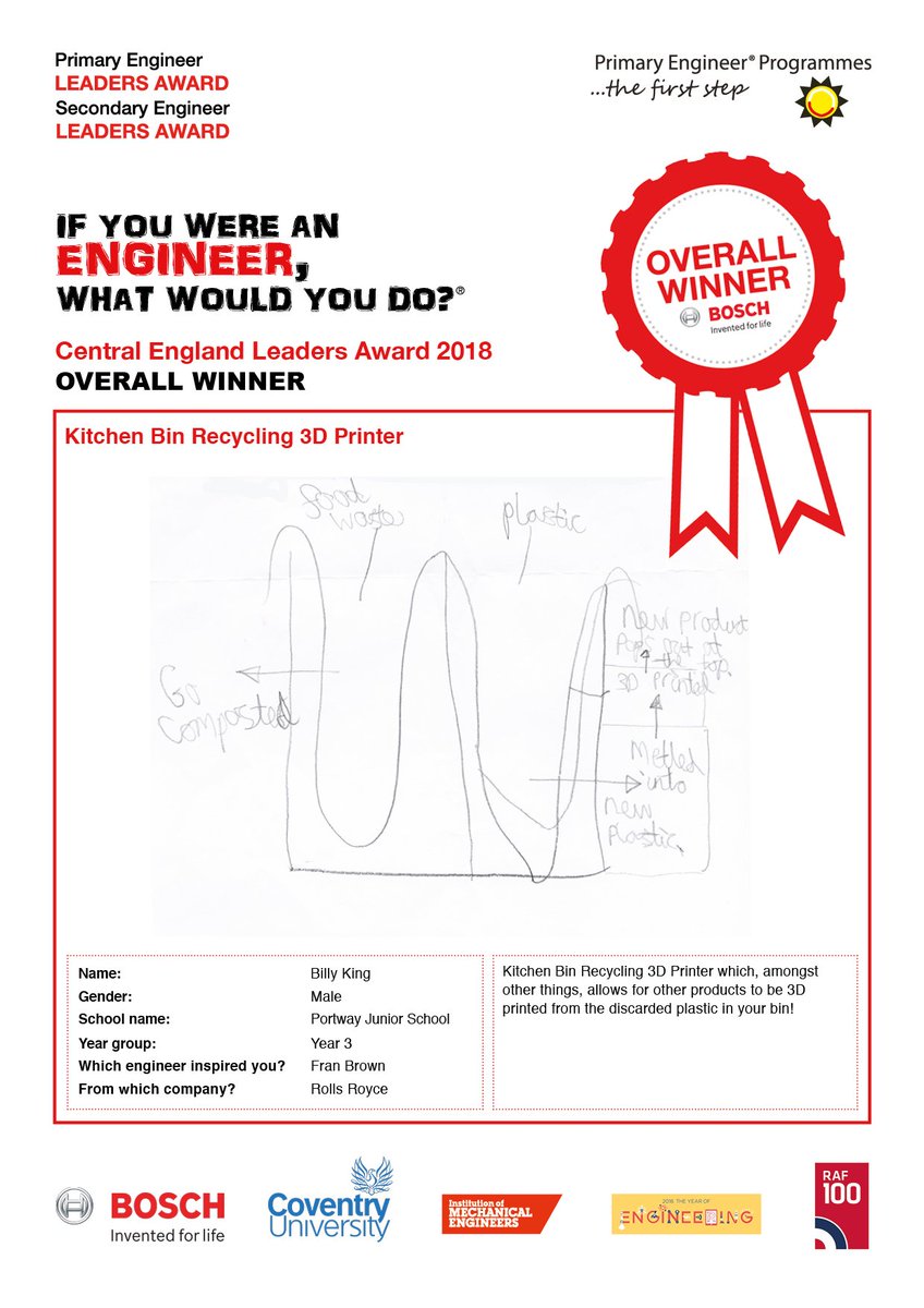 Leadersaward's tweet photo. Can we have a drum roll please for the final #LA2018 @BoschUK overall winner, Billy King a Yr 3 pupil at Portway Junior School with his invention the “Kitchen Bin Recycling 3D Printer”, well done Billy! #engineerinthemaking #YoE #inspireanengineer@covcampus @YoEgovuk https://t.co/y9SqavT79A