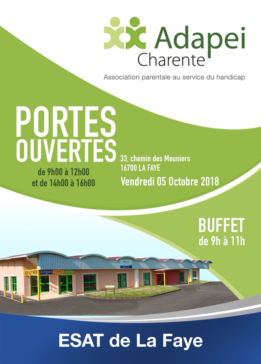 JOURNEES PORTES OUVERTES
L’ESAT de La Faye organise ses premières portes ouvertes, le vendredi 05 Octobre 2018 de 09h00 à 12h00 et de 14h00 à 16h00
Ce rendez-vous sera l’occasion de venir découvrir nos ateliers et nos
savoir-faire.