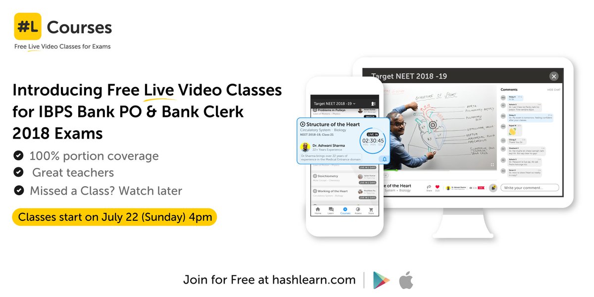 HashLearn's tweet photo. HashLearn is pleased to announce the launch of Free, Live Video Classes for IBPS Bank PO &amp; Clerk exams. 100% portion coverage by great teachers. Watch the first Class of Target IBPS 2018 course this Sunday Live at 4:00 pm.
Join Target IBPS 2018 Course: https://t.co/r6IK5aEvhy https://t.co/KtHOZjgW2G
