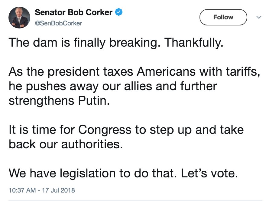 ABC's tweet photo. JUST IN: Sen. Bob Corker: "The dam is finally breaking...It is time for Congress to step up and take back our authorities. We have legislation to do that. Let’s vote." https://t.co/3h8rSQXvHi https://t.co/f9JqEp1zZ4
