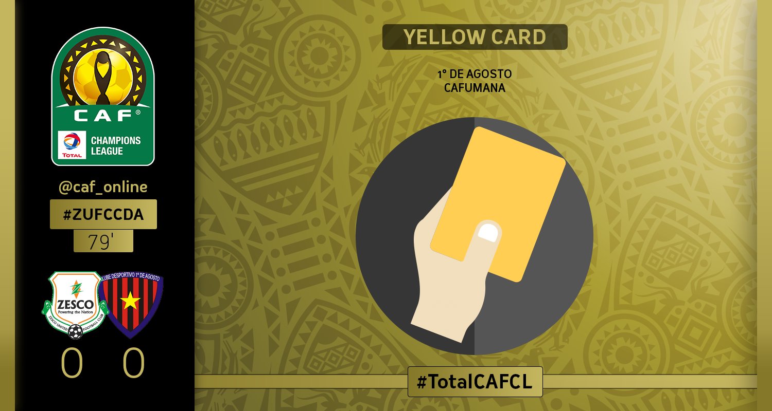 CAF on X: BOOKING  Manuel Cafumana from 1° de Agosto receives a yellow  card #TotalCAFCL #ZUFCCDA  / X