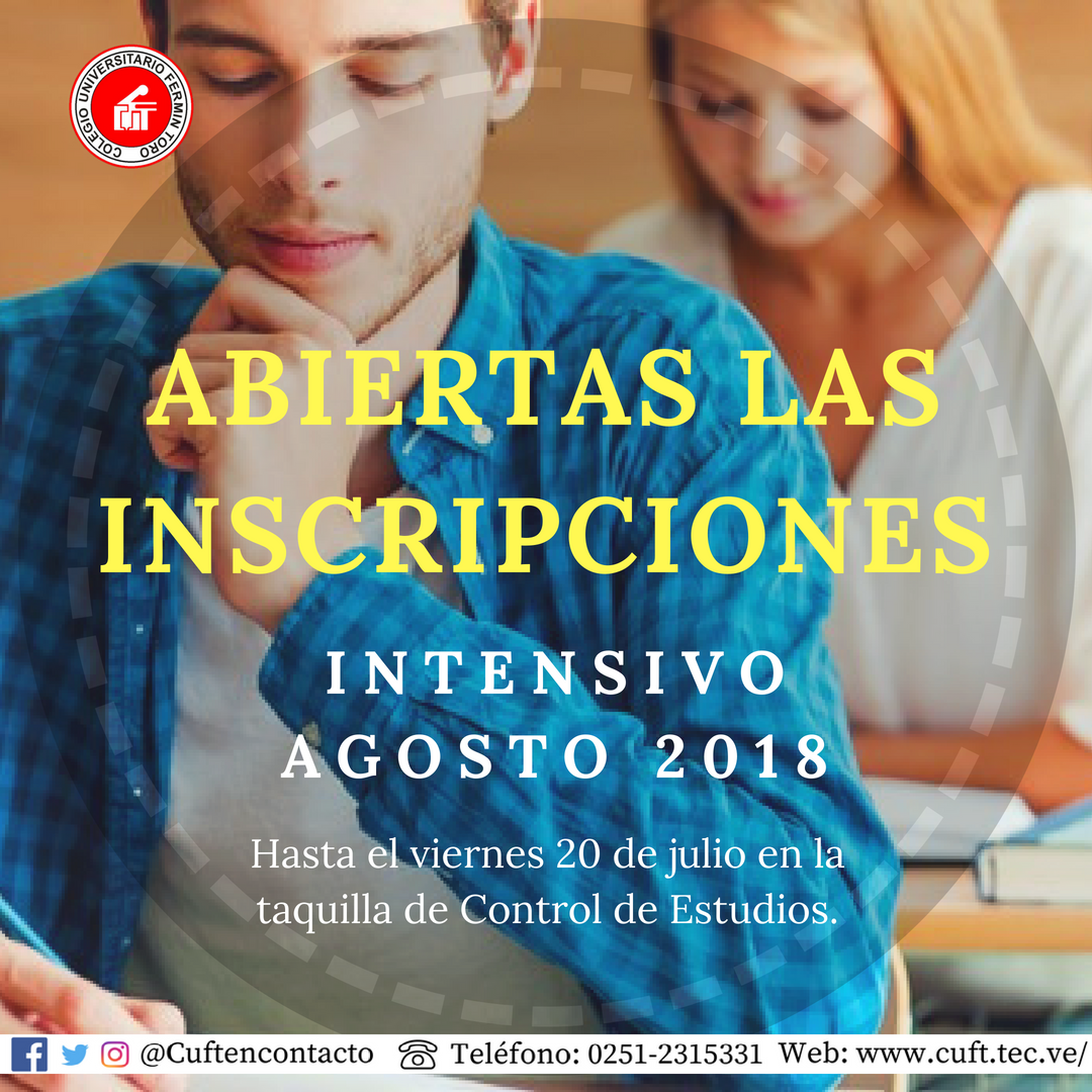 CUFTencontacto's tweet photo. Abiertas las inscripciones para el intensivo de agosto 2018, llevar los requisitos a la  taquilla del control de estudio.
#Inscripciones #Intensivo #Cuft #Barquisimeto #Universidad #Clases https://t.co/FnFGhJOpEk