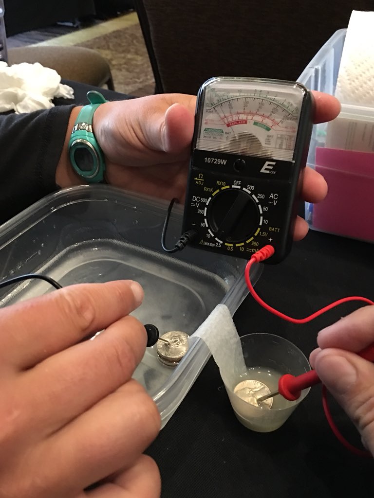 Creating a battery using a solution of salt and water, and a lemon juice! It’s ALIVE!!!! #nataa18 <a href="/NAAE/">National Association of Agricultural Educators</a> <a href="/DolchMolly/">Molly Dolch</a>