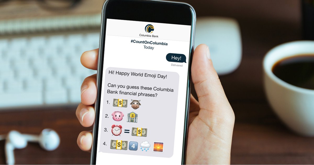 ColumbiaBank's tweet image. Happy Emoji Day! Can you figure out all of our Columbia Bank Emoji financial phrases? Submit your guesses in the comments below! Good luck! #CountOnColumbia #WorldEmojiDay #EmojiDay #Emoji