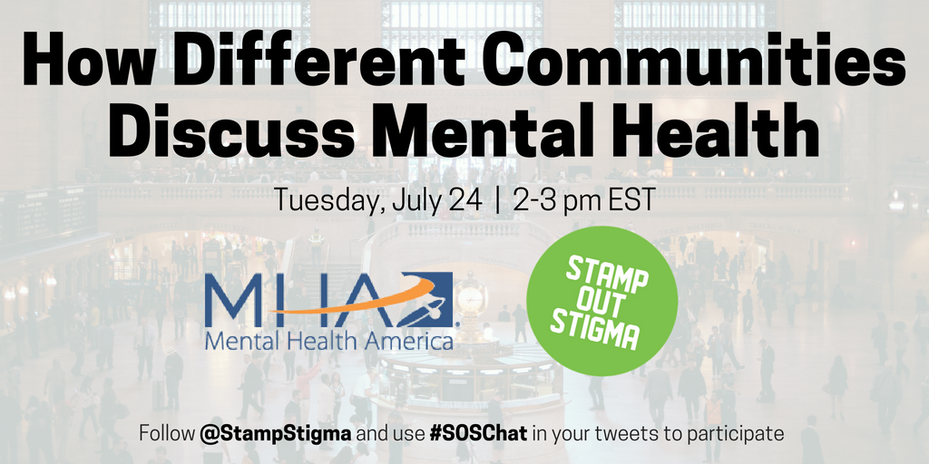 StampStigma's tweet photo. In one week, we're teaming up with @MentalHealthAm to host "How Different Communities Discuss #MentalHealth." Join this #SOSChat next week at 2pm EST! #MinorityMentalHealth #TuesdayThoughts https://t.co/jZKrLtYron