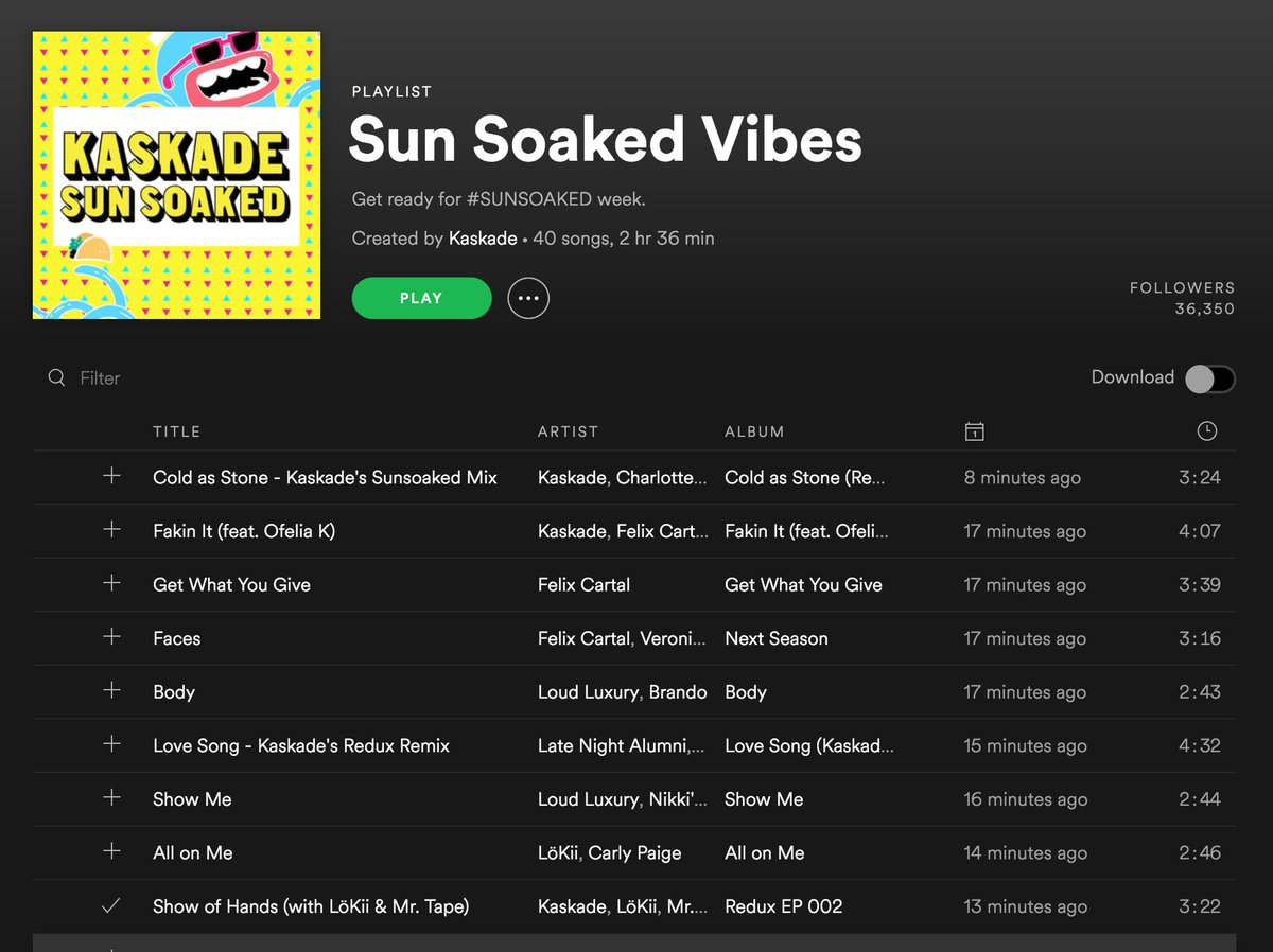 kaskade's tweet photo. I got you. 
https://t.co/SIjsxT8MYj
#SunSoaked2018 Official @Spotify playlist. https://t.co/HnFiJmDZrW