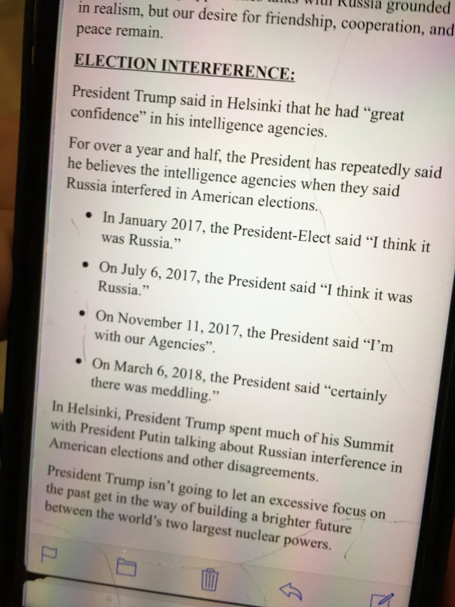 WH talking points sent to Capitol Hill Republicans today, obtained by ⁦<a href="/washingtonpost/">The Washington Post</a>⁩... lots of bewilderment among Rs here on Hill about whether the WH realizes the challenges they’re now facing re: Helsinki