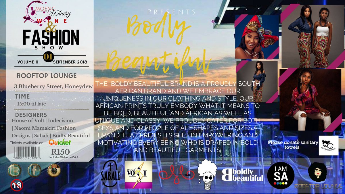 MoengWinery's tweet photo. #BreakingNews: Join us on the 1st Sept '18 at @soulcafe_sa for our Annual Wine &amp; Fashion #WF2018 with Boldly Beautiful as one of the designers showcasing their designs

Don't miss history in the making...

cc @IAMSASFF @ArtizenofJoburg @ArtsCultureSA #WineFashion18 https://t.co/sSq46zlDup