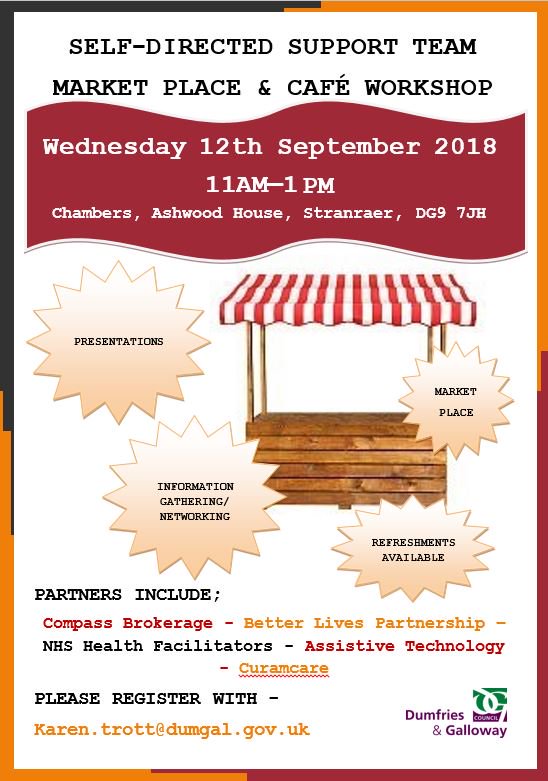 TSDGIntegration's tweet photo. There are two Self-Directed Support Team Market Place and Café Workshops happening:

Tuesday 9th August, 10am - 12pm at Woodbank, 30 Edinburgh Road, Dumfries
Wedneday 12th September, 11am - 1pm at Chambers, Ashwood House, Stranraer

To register contact Karen.trott@dumgal.gov.uk https://t.co/2fk4EPTo8A