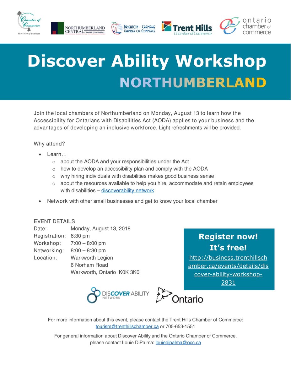 THchamber's tweet photo. Discover Ability Workshop - Mon., Aug. 13 6:30pm–8:30pm at the Warkworth Legion:  Employers will learn how the Accessibility for Ontarians with Disabilities Act applies to their business and the advantages of an inclusive workforce. Register now: https://t.co/8jNL1AMOoB https://t.co/hGvBHUPalD
