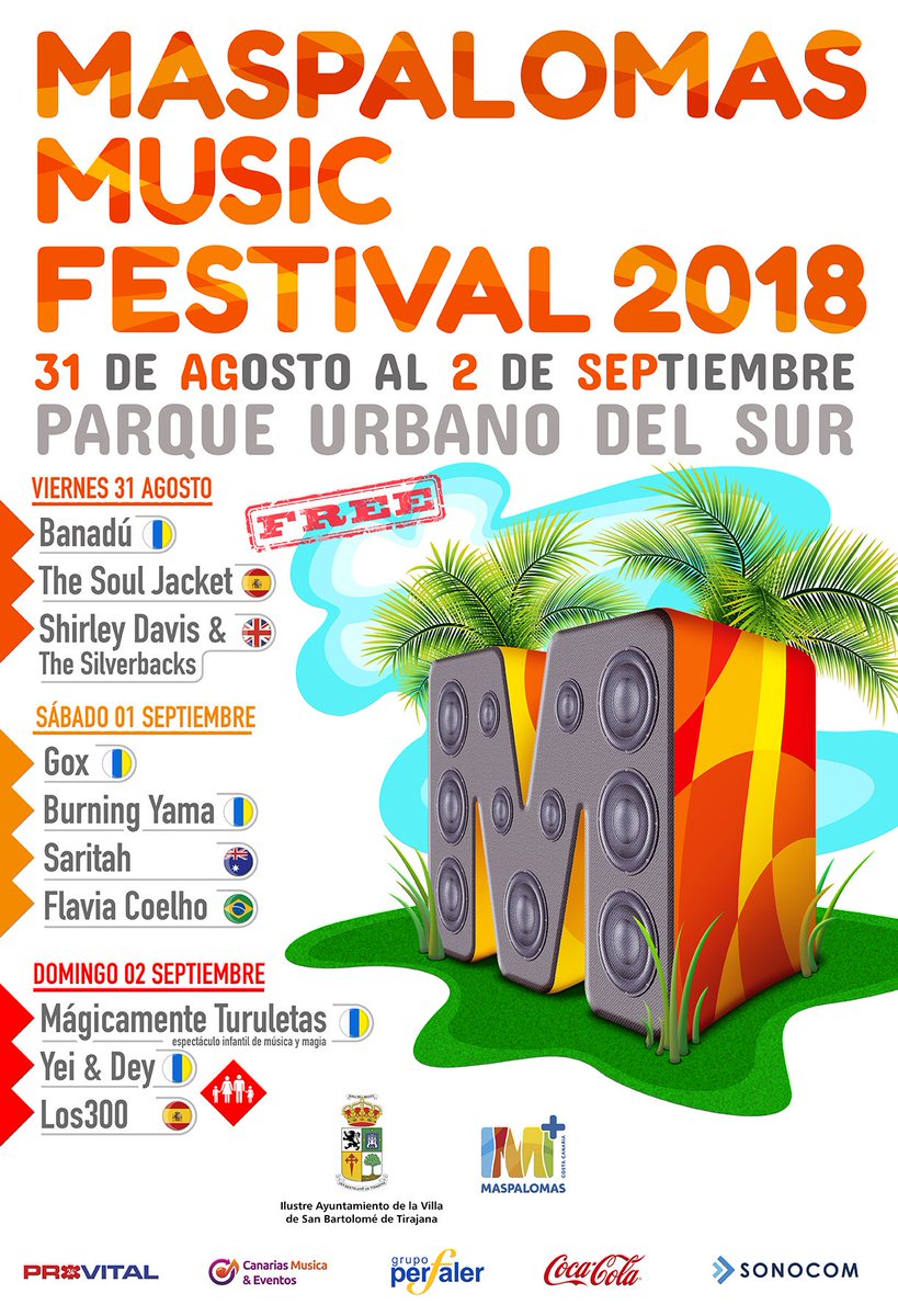MaspalomasMusic's tweet photo. LINE-UP Maspalomas Music Festival 2018

Viernes 31 de Agosto
- Banadú
- The Soul Jacket
- Shirley Davis &amp; The Silverbacks

Sabado, 1 de Septiembre
- Gox
- Burning Yama
- Saritah
- Flavia Coelho

Domingo, 2 de Septiembre
- Magiacmente Turuletas 
- Yei &amp; Dey
- Los300 https://t.co/uLiaspbhFW