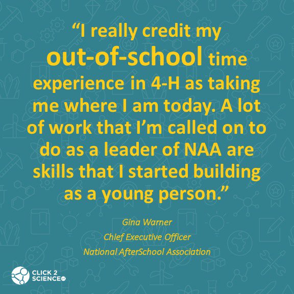 Click2Science's tweet photo. "I really credit my out-of-school time experience in @4H as taking me where I am today. A lot of work that I'm called on to do as a leader of NAA are skills that I started building as a young person." -Gina Warner @NatlAfterSchool
#MomentsThatClick #Click2Science https://t.co/VfeiFGnUoc