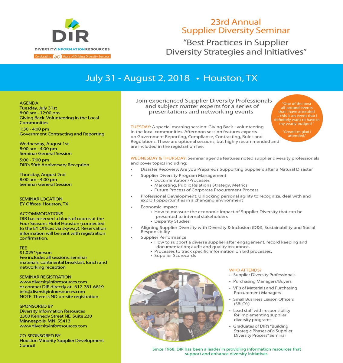 diversity411's tweet photo. 2 Weeks until DIR's Best Practices in Supplier Diversity Strategies and Initiatives Seminar July 31st - August 2nd in Houston, TX. There's still time to register https://t.co/WRuVExbwAY https://t.co/ziaeXUOKKz