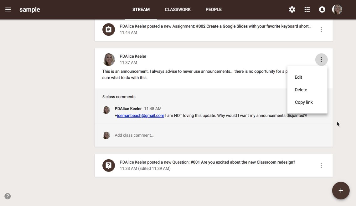 The Stream in #googleClassroom no longer lets you reorganize. No move to top or ability to move at all #googleEDU