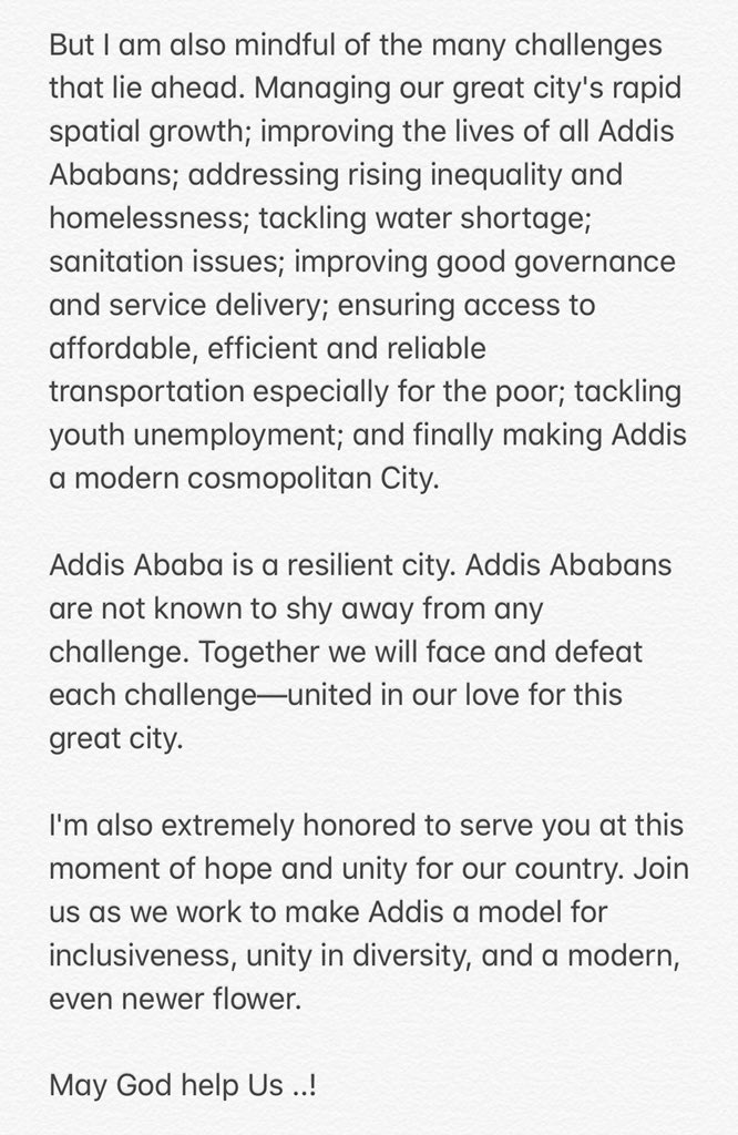 TakeleUma's tweet photo. It is truly an honor and privilege to serve our nation's capital and its people at this defining moment in time. I am humbled by the challenges ahead of us to make Addis inclusive, livable and modern city. https://t.co/Fcvl43DV9y