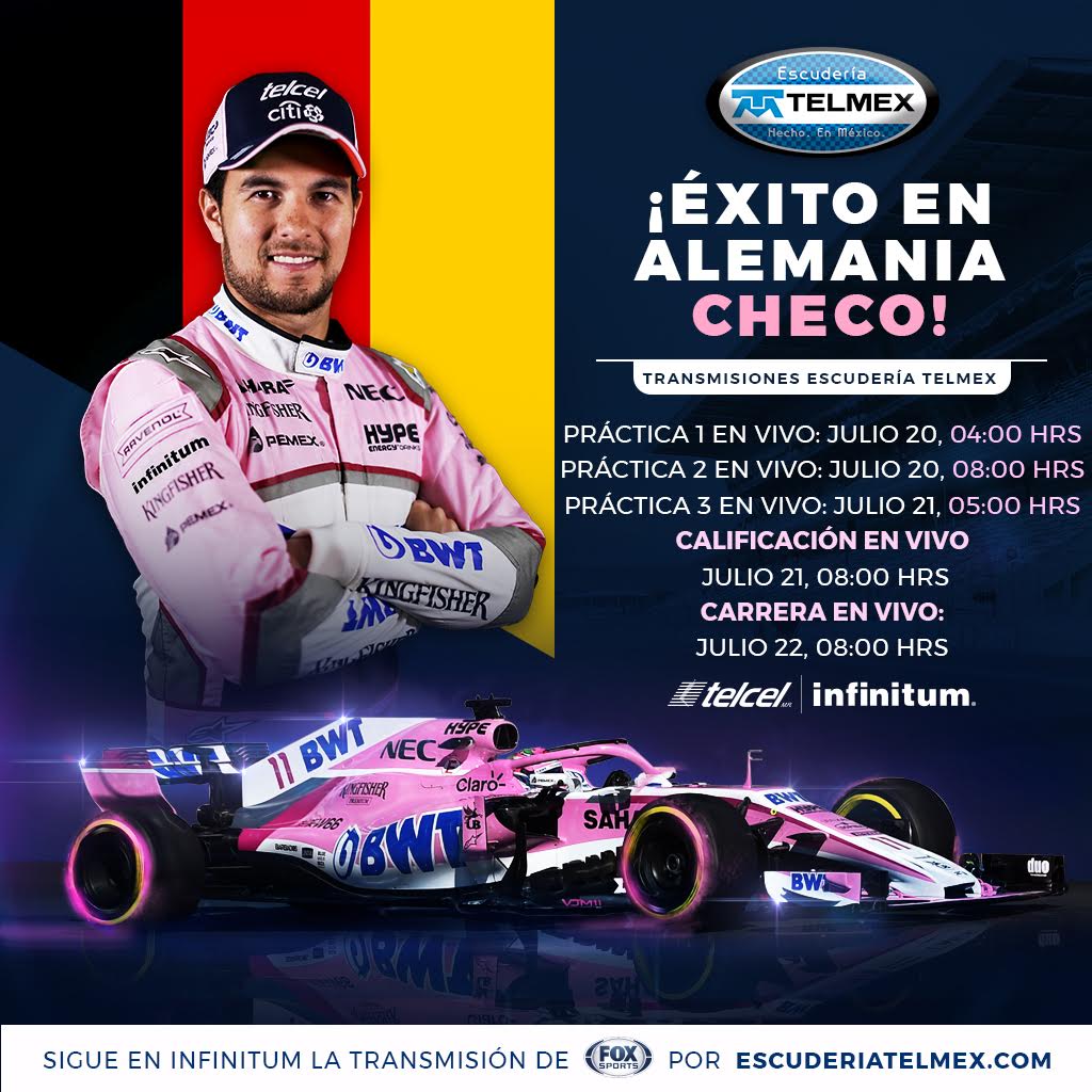 escuderiatelmex's tweet photo. ¡Todas las sesiones del Gran Premio de Alemania en vivo desde nuestro sitio! 

Checa los horarios y no le pierdas la pista a @SChecoPerez... https://t.co/3orM6QcAb3