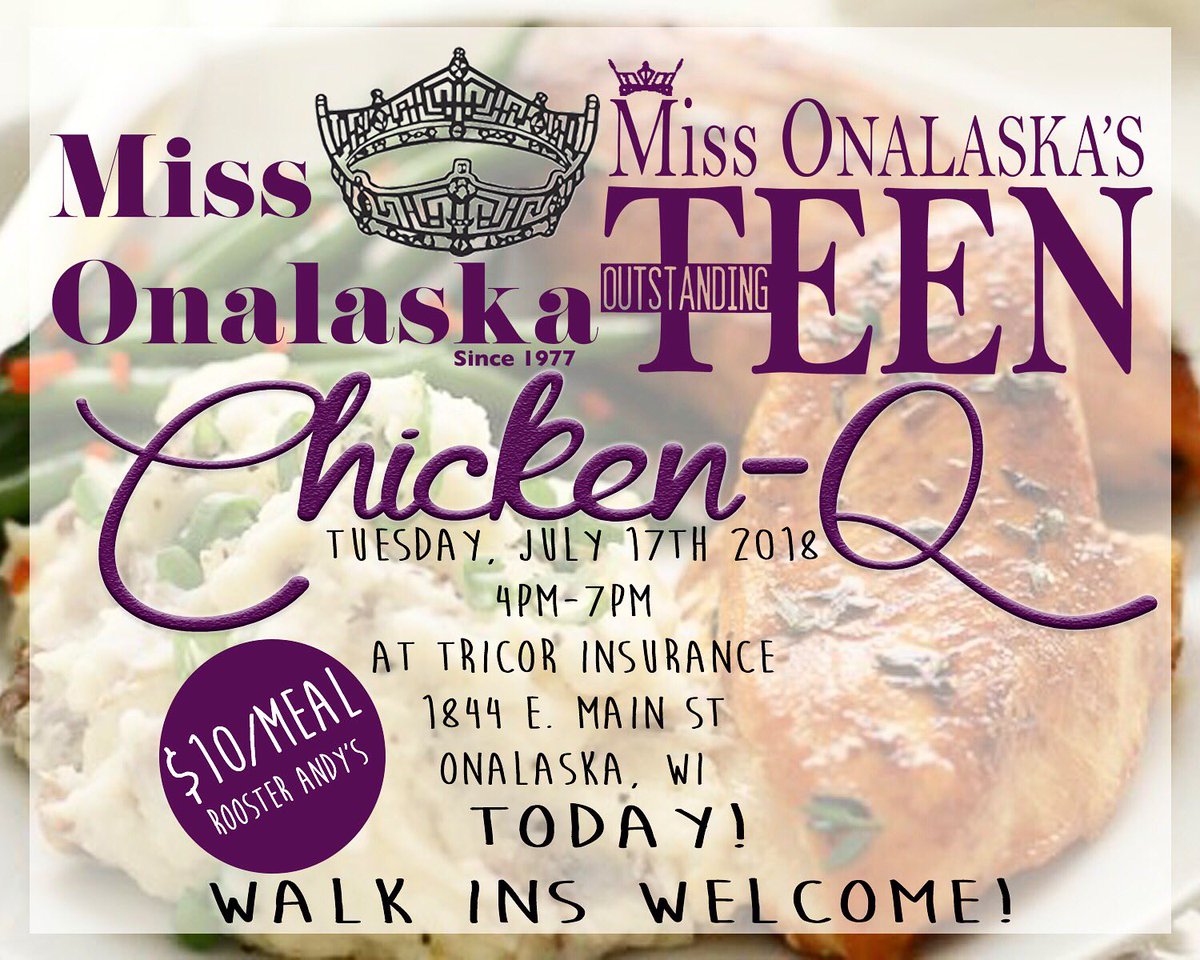 MissOnalaska's tweet photo. IT’S CHICKEN-Q DAY! See you at TRICOR Insurance in Onalaska from 4pm-7pm! Walk-In’s Welcome! #MissOnalaska #MissOnalaska2018 #MissOnalaskasOT2018 #MissOnalaskasOT https://t.co/kQa8jo7niG