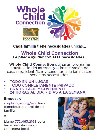 tcfoodbank's tweet photo. Regardless of you & your family needs, #WholeChildConnection program staff can point you in the right direction. WCC makes it easier for you by putting it all in one place, private, easy & convenient, 24/7! To get started visit: https://t.co/fcCQo3xpVX or call (772)463-2168 #TCFB https://t.co/QR1e9sIFyX