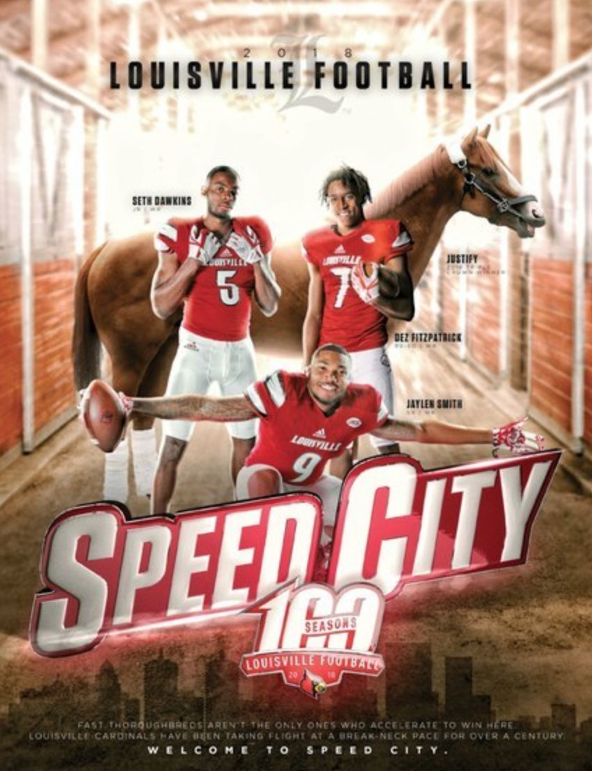 CardChronicle's tweet photo. I love that not only is Justify on the cover of the Louisville football media guide, but they made him look like an actual member of the team. https://t.co/BKLmr5NAqs