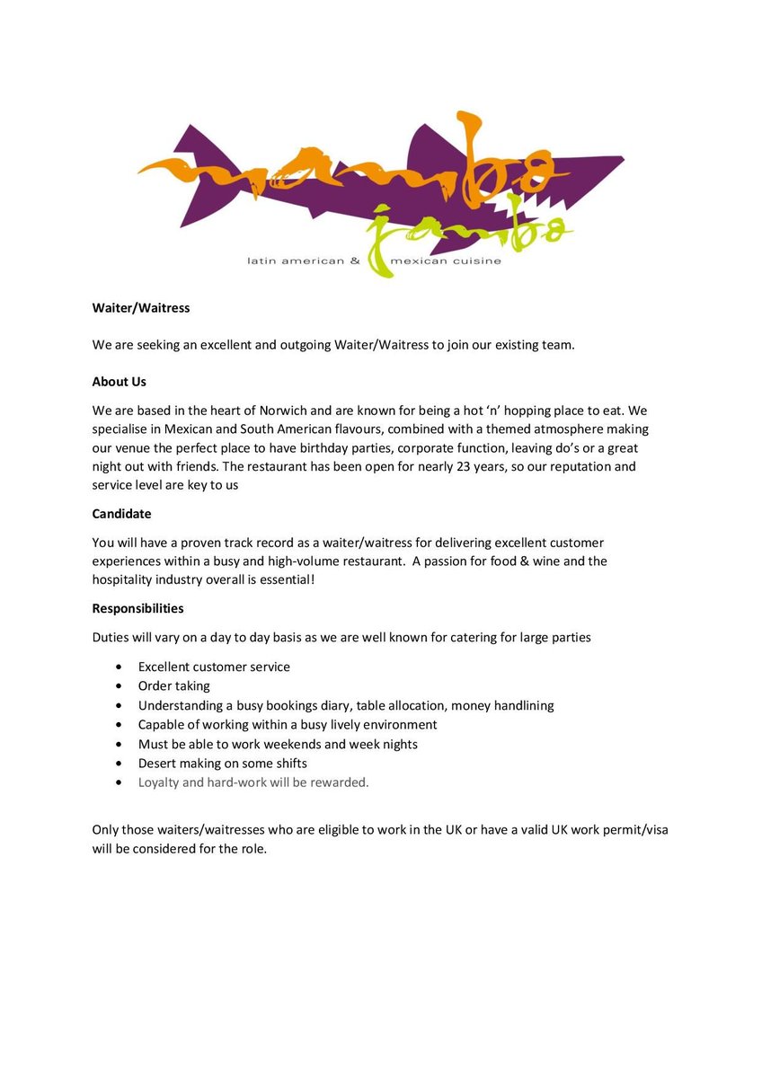 mambosnorwich's tweet photo. We are looking for energetic people to come and join our team, full job descriptions below. Please send all applications to mambojambos1@hotmail.com https://t.co/hMuaiXso17