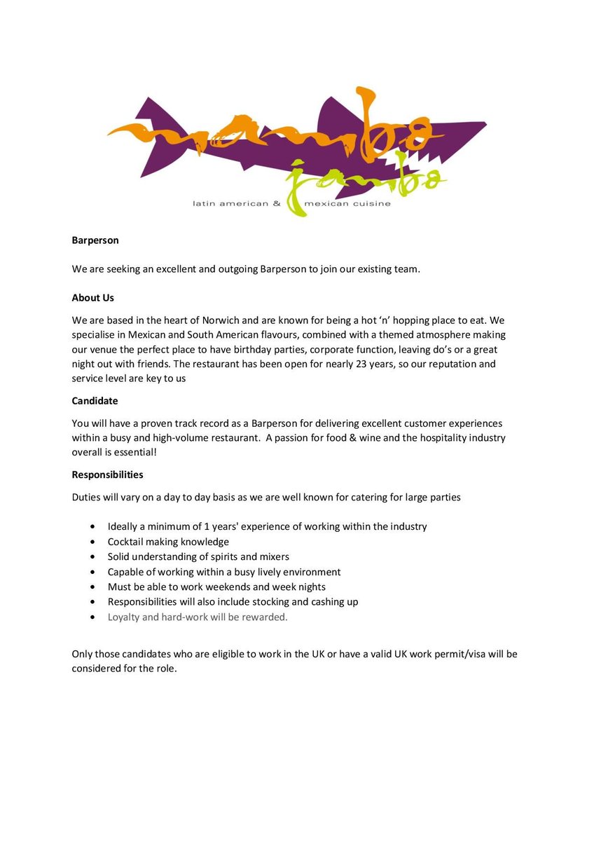 mambosnorwich's tweet photo. We are looking for energetic people to come and join our team, full job descriptions below. Please send all applications to mambojambos1@hotmail.com https://t.co/hMuaiXso17