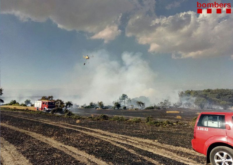 bomberscat's tweet photo. 28 dotacions #bomberscat (entre elles 7 #maer) activades per l'incendi de Tàrrega, que afecta majoritàriament camps de rostoll a l'altura del km 75 de la C-14. Pas alternatiu a la via segons @transit. 1 ha afectada segons @agentsruralscat https://t.co/WHXVlbCJ1u