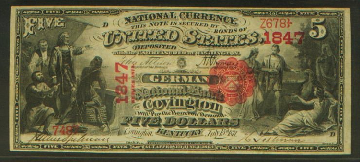 CollectorCorner's tweet photo. $5 National Bank Note PCGS VF{30}PPQ German NB Covington, KY

https://t.co/ZeuGNyO38D

#CollectorsCorner #Online #Currency #Marketplace #CurrencyForSale #PCGSCurrency #PPQ #German #NationalBank #Kentucky #NationalBankNote #LargeNote https://t.co/dCGgARmjBV