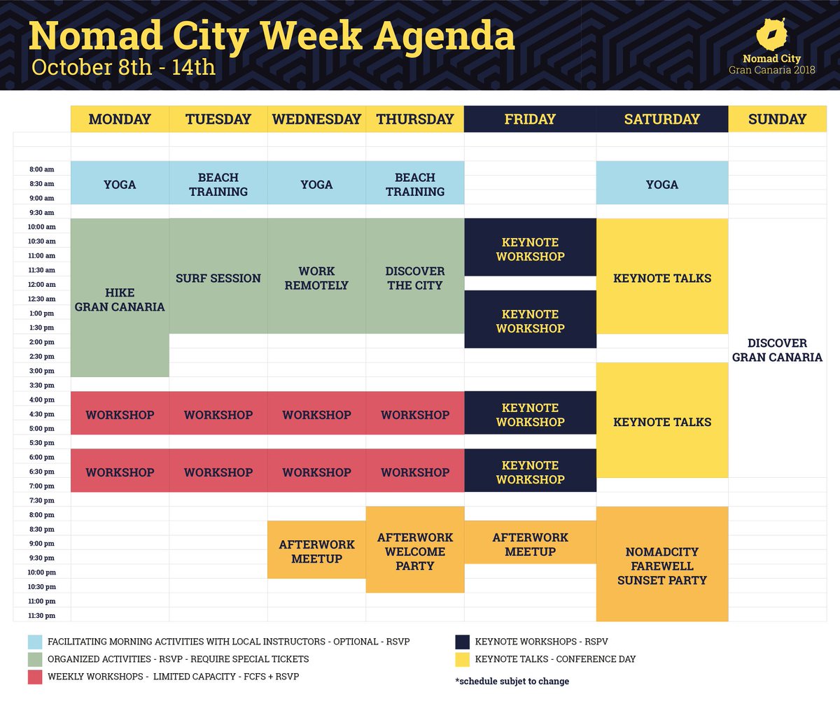 nomadcityGC's tweet photo. Here goes the tentative agenda of #NomadCity18 ! 😍 A full week with networking activities, workshops, keynotes and a lot of fun! 🤩 #celebrateremote https://t.co/0Qhwe4GWuJ