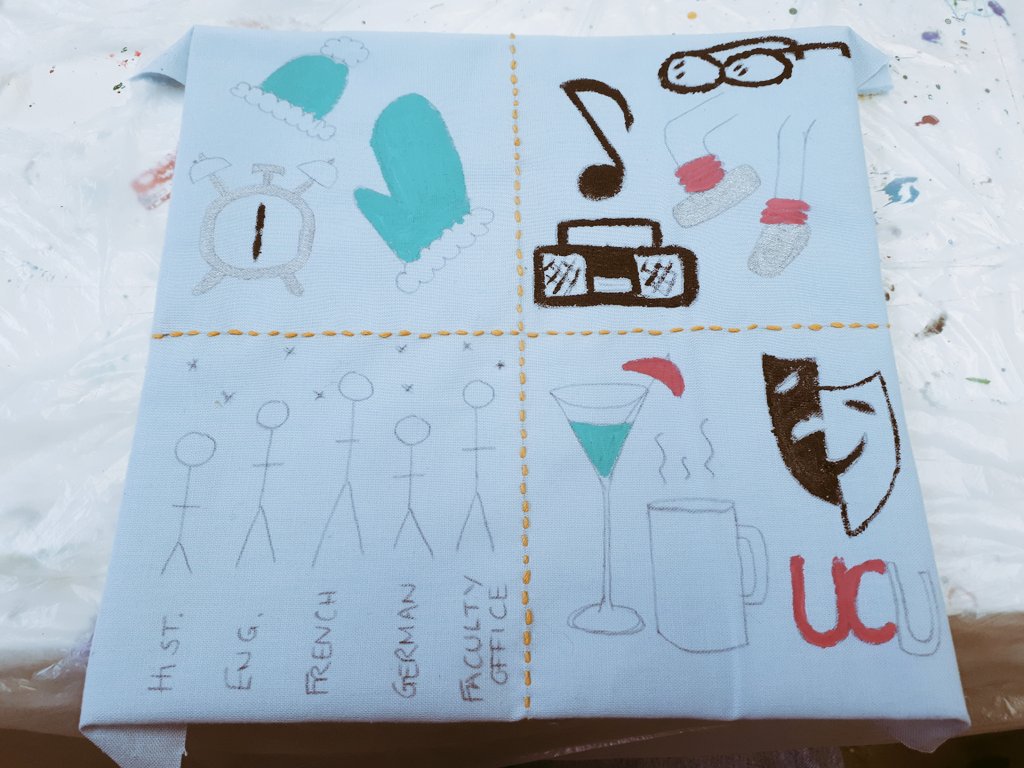 AmberRegis's tweet photo. Crafting with @hellomrwilliams @amy_ryall @DrMJCWarren @MundaysMouth Jo and Darren. My #nocapitulation patch is coming along nicely! #strikework #USSstrike https://t.co/zCIdF5HB1b