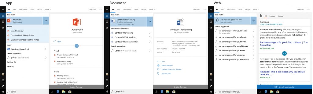 Showing 3 search examples side by side - a document, an app, and a web search. Now with a preview pane to the side that gives details & quick actions