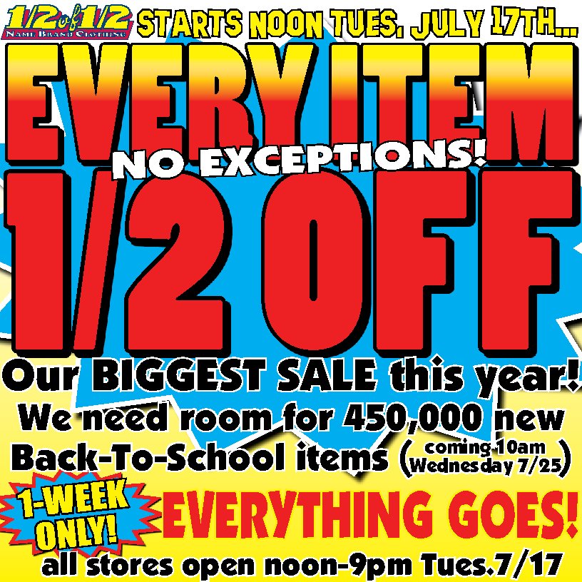 halfofhalf's tweet image. In under an hour our stores are opening today for 1/2 off everything sale! Don't miss out on this and other great deals! 
Visit our website at halfofhalf.com/UserPages/Main… to find a store nearest you!