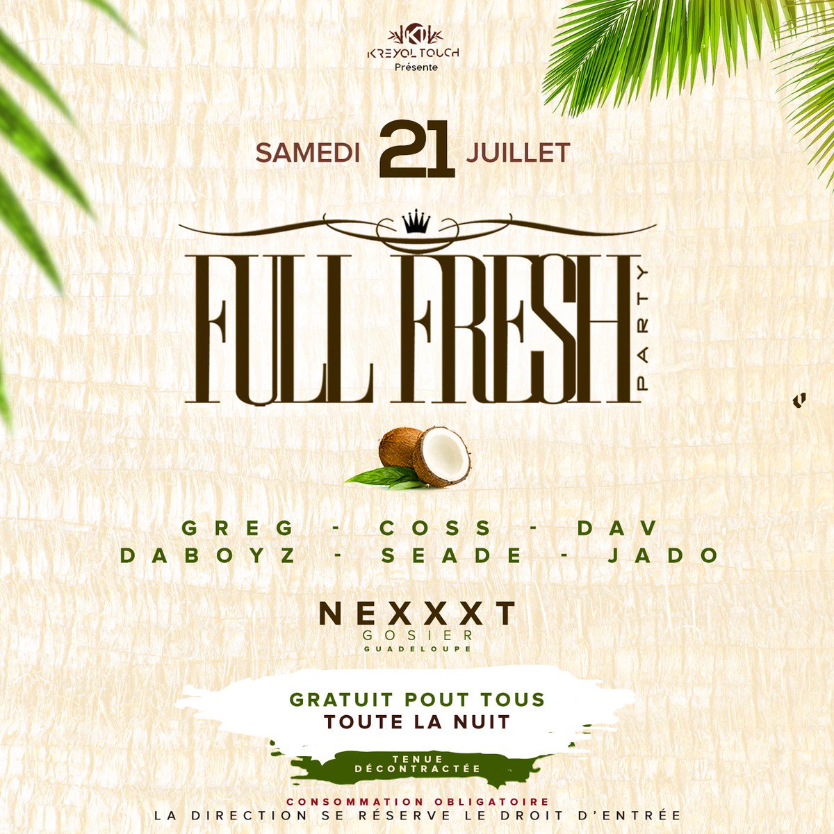 KREYOLTOUCH_'s tweet photo. Petite Modif 😇😇😇
|GUADELOUPE| SAMEDI 21 JUILLET | Chill × Snack x Clubbing x Chicha
Gratuit pour toute la Nuit (Conso Obligatoire) !!!
Get Ready !!! #FullFreshParty #FullFresh #KreyolTouch https://t.co/7zt7EXVbtD