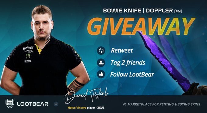 ZeusCSGO's tweet image. 💰Giveaway time!💰

Bowie Knife | Doppler FN

✅ RT this tweet
✅ Follow @appLootBear + @ZeusCS_GO 
✅ RT their Pinned Tweet
✅ Tag 2 friends

Winner drawn in 7 days! Good luck 😉💪