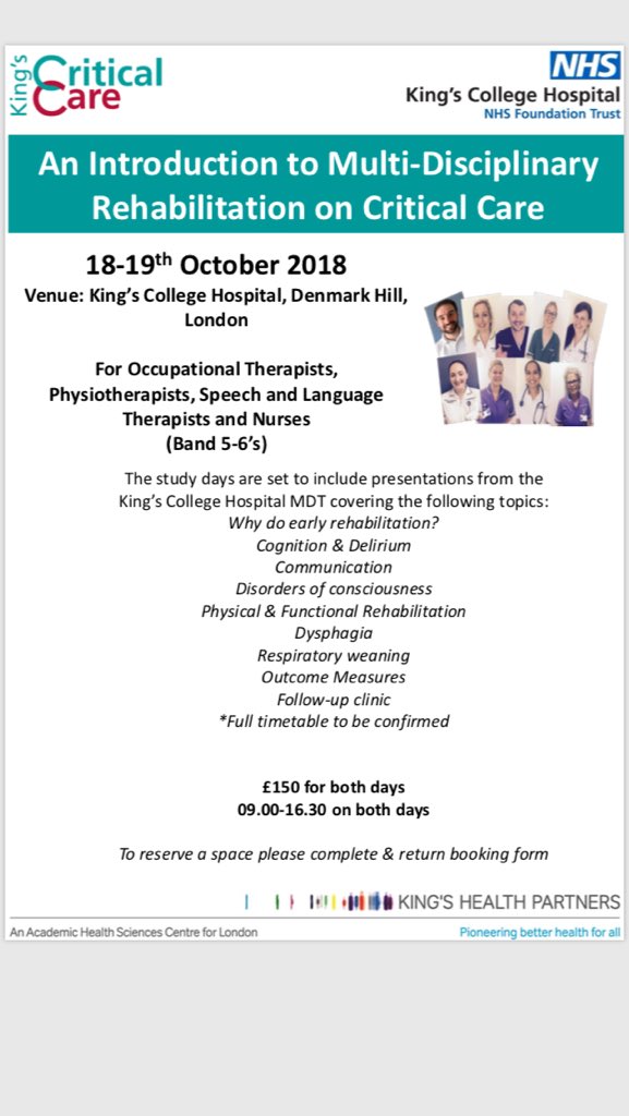 King’s are putting on another Introduction to MDT rehab on Critical Care in October - aimed at all the MDT. Book fast as places filled up quickly last year!  #kingscollegehospital #mdtworking #criticalcare