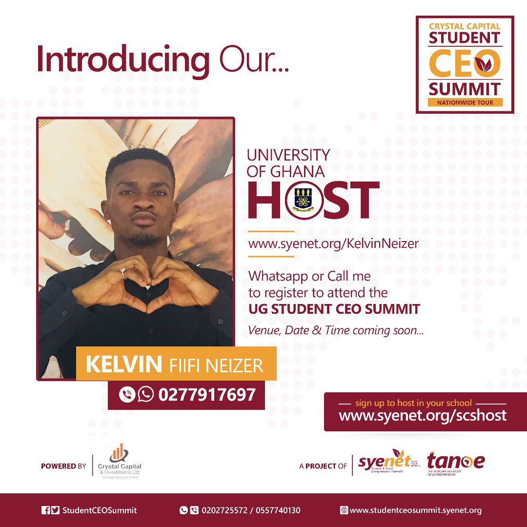 TANOEstudents's tweet photo. Introducing Kelvin Fiifi Neizer, the host for the University of Ghana edition of the @Crystal_Capital Student CEOs Summit which kicks off from September, 2018.

Read more about Kelvin via https://t.co/E1tmvAuzk1

#CrystalCapital #Syenet #TANOE #StudentCEOs #TANOEAfrica https://t.co/u3bxsIXRHi