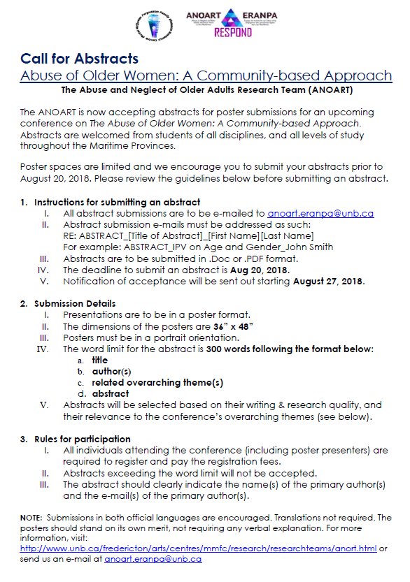 ANOART_ERANPA's tweet photo. Hey students! are you looking to gain professional presentation experience? We are looking for Maritime students, graduate or undergraduate, to submit abstracts for poster presentations to be illustrated at our upcoming #2018MMFCConference on #AbuseOfOlderWomen. See details below https://t.co/7d9lx1Ro5x