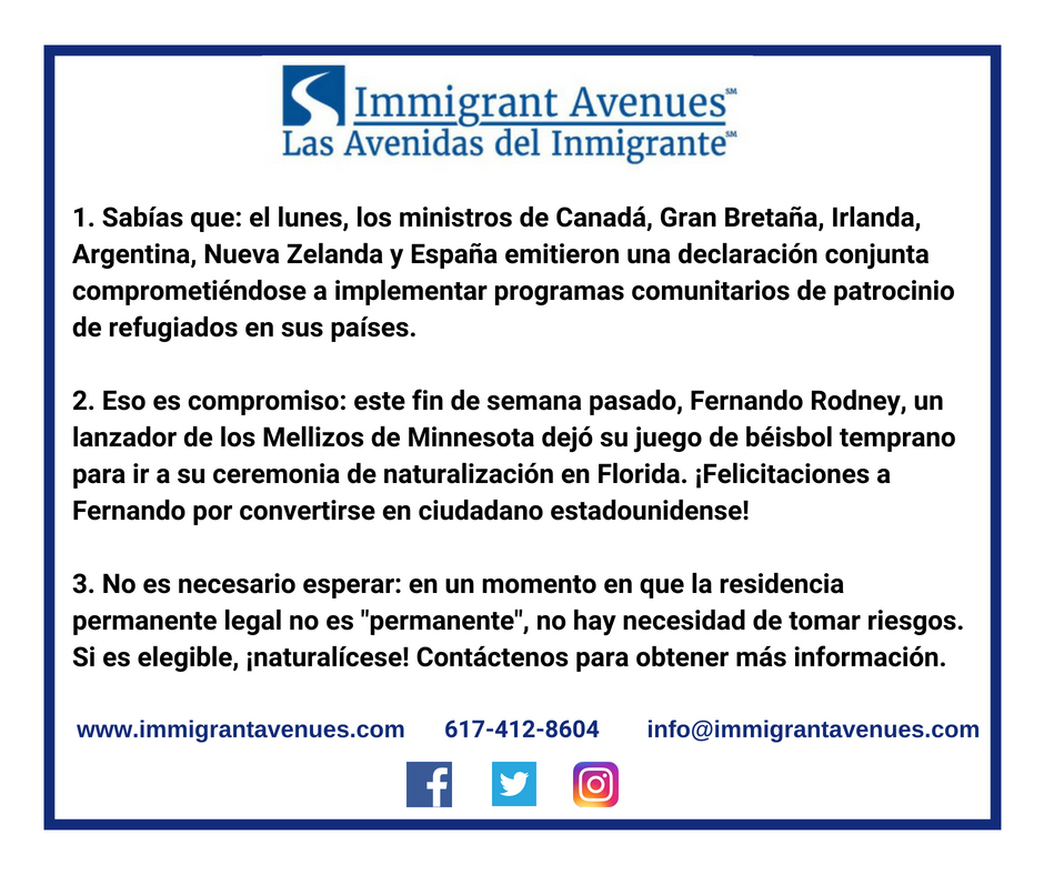 ImmigrantAves's tweet photo. ¡Feliz martes! Aquí hay tres cosas que deben saber hoy de parte de Las Avenidas de Inmigrante.

#Inmigracion #IhistoriasDeInmigrantes #Refugiados @Twins #FernandoRodney #NuevoCiudadano #AvenidasDelInmigrante https://t.co/H0IctVQbb2