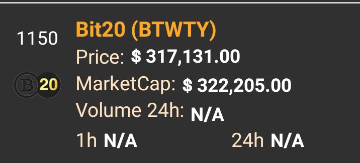 TheCoinDad's tweet photo. A new #crypto coin Bit20. 1 coin currently worth over $300,000 available only on open ledger decentralized exchange. #btwty Wow https://t.co/dXCvmTXWdZ