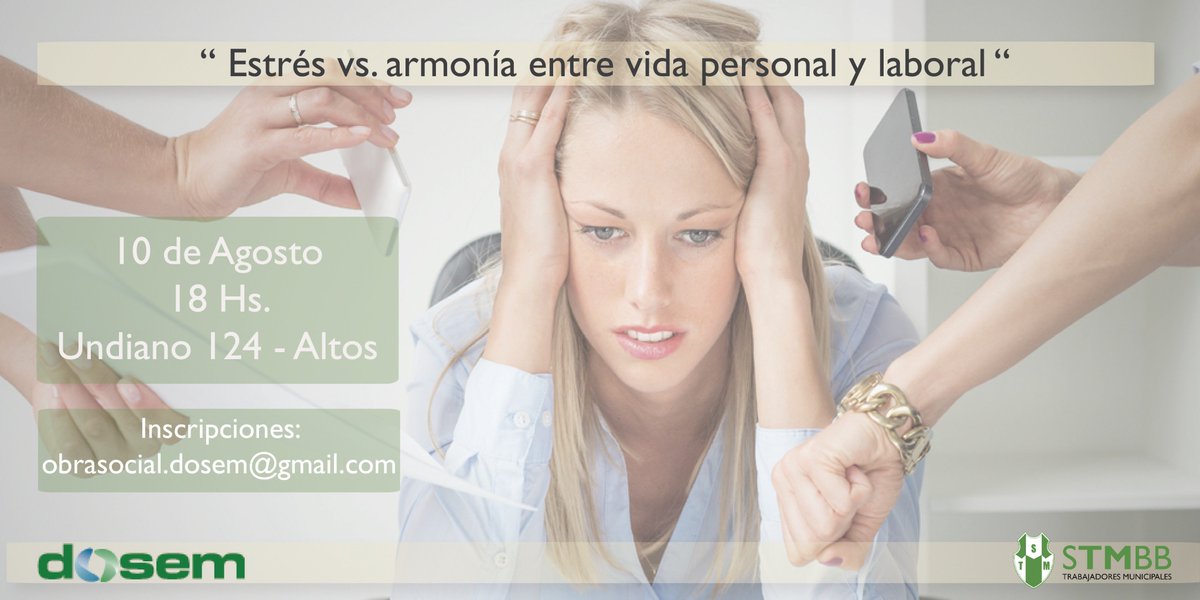 stmbb's tweet photo. 🗣 Charla informativa "Estrés vs. armonía entre vida personal y laboral"🗣

📆 10/08/2018 
⏰ 18hs.
📍Undiano 124 altos.
Organiza Secretaria de Genero STMBB y DOSEM
@Aguero_M_A @stmbb https://t.co/n9OXIlSSqv